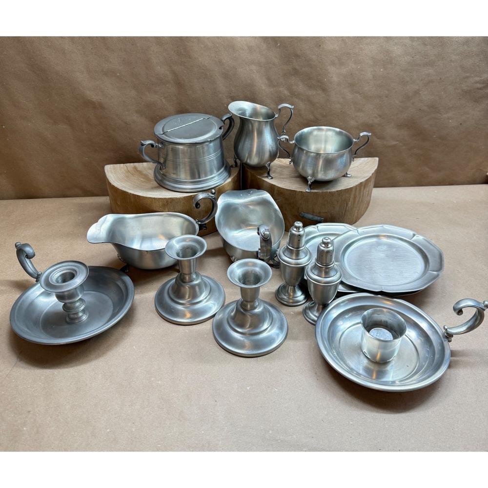 International Pewter 15 pc Candlesticks Plates Creamer Sugar Shakers Gravy Boat